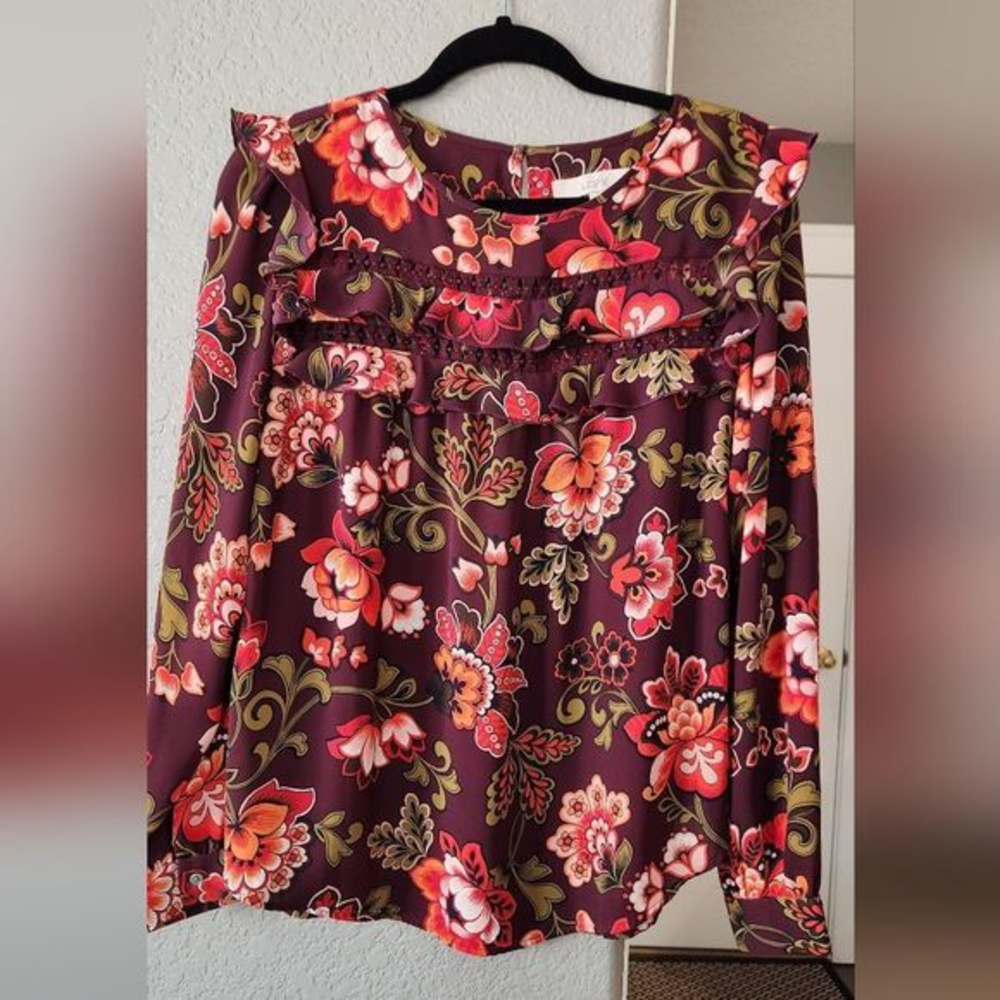 Loft Red and Green Floral Blouse, Size M
